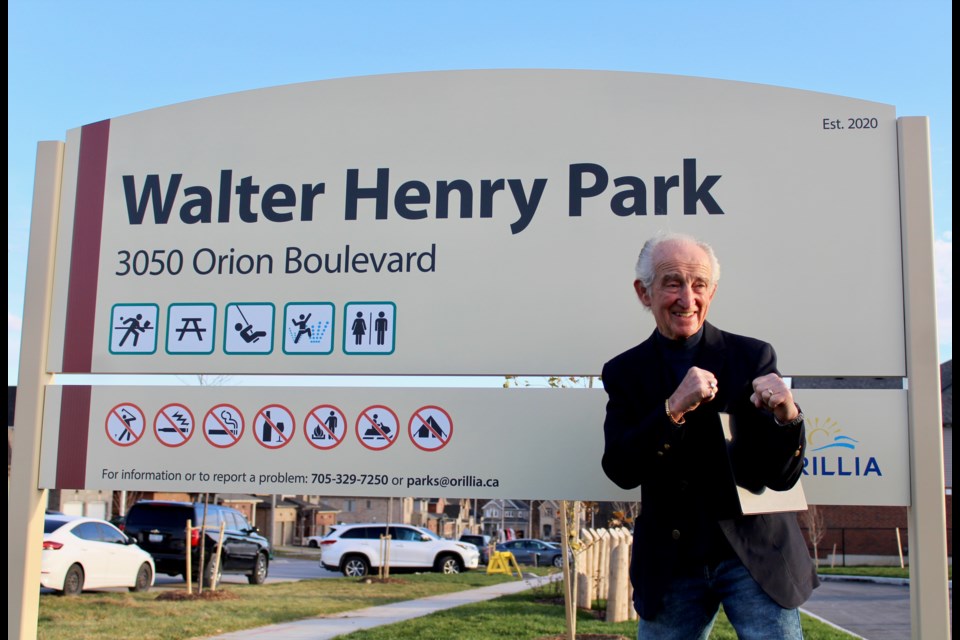 Walter Henry, who had a decorated boxing career, strikes a familiar pose Tuesday during the official opening of Walter Henry Park. Nathan Taylor/OrilliaMatters
