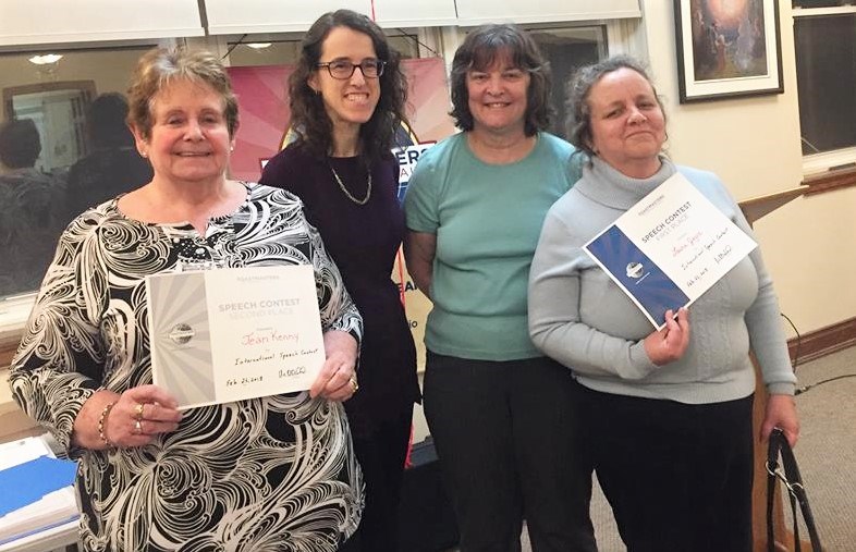 Jean Kenny and Laura Joyce won the Sunshine Speakers Toastmasters of Orillia inspirational speech contest. Above, from left: Kenny, Angela Spong (contest chair), Peggy Onlock (club president) and Joyce. Supplied photo