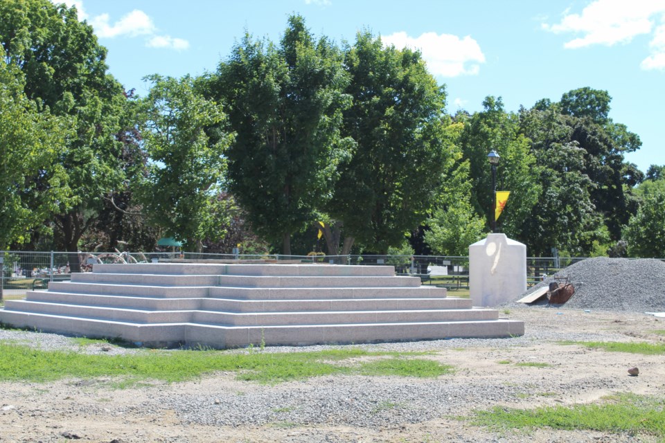 The new base for the Champlain Monument is in place at Couchiching Beach Park, but Parks Canada has put the brakes on the monument's restoration. Nathan Taylor/OrilliaMatters