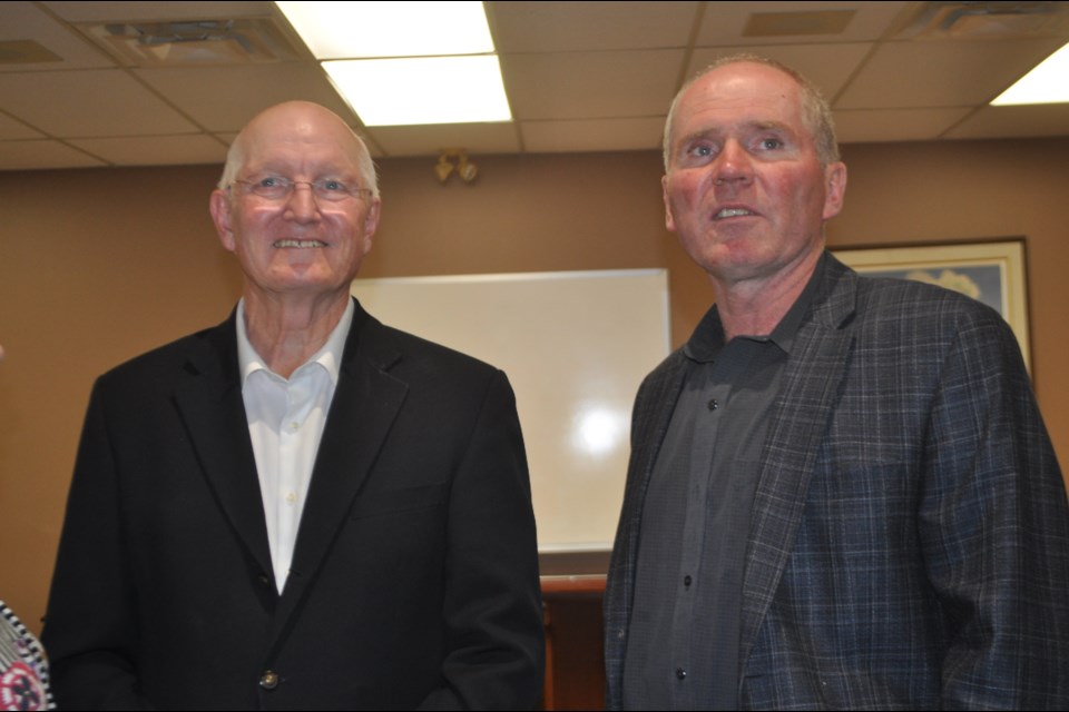 Harry Hughes, left, poses with new Deputy Mayor Scott Jermey following Tuesday’s election results that will bring several new faces to the Oro-Medonte council table. Andrew Philips/Orillia Matters