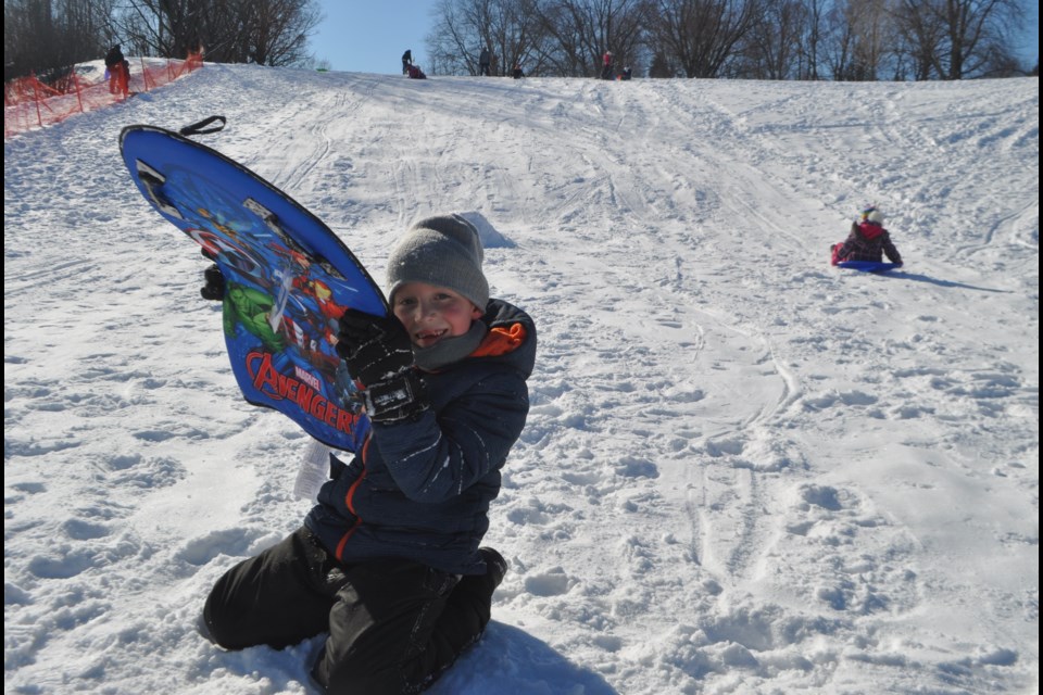 Seven-year-old Liam Perry, of Oshawa, enjoyed sledding at the tobaggan hill off North Street this Family Day weekend while visiting his grandparents. Andrew Philips/OrilliaMatters
