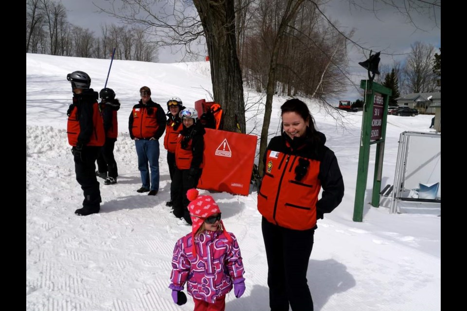 Sharon Couzelis with her daughter, patrolling the 2019 puddle jump at The Heights Ski and Country Club. The puddle jump is an annual event put on by the club, which patrollers attend on standby in case participants need first aid.