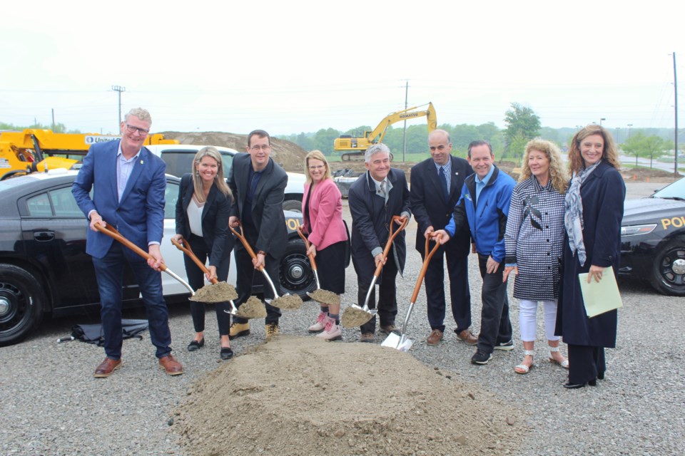 Officials broke ground on the new Orillia OPP detachment Monday at 1 University Ave. On hand were, from left, Orillia Mayor Steve Clarke, Simcoe North MPP Jill Dunlop, Infrastructure Minister Monte McNaughton, Solicitor General Sylvia Jones, Angelo Gismondi, senior vice-president of justice portfolios at Infrastructure Ontario, Severn Mayor Mike Burkett, Barrie-Springwater-Oro-Medonte MPP Doug Downey, Severn Coun. Jane Dunlop and OPP Provincial Cmdr. Mary Silverthorn. Nathan Taylor/OrilliaMatters