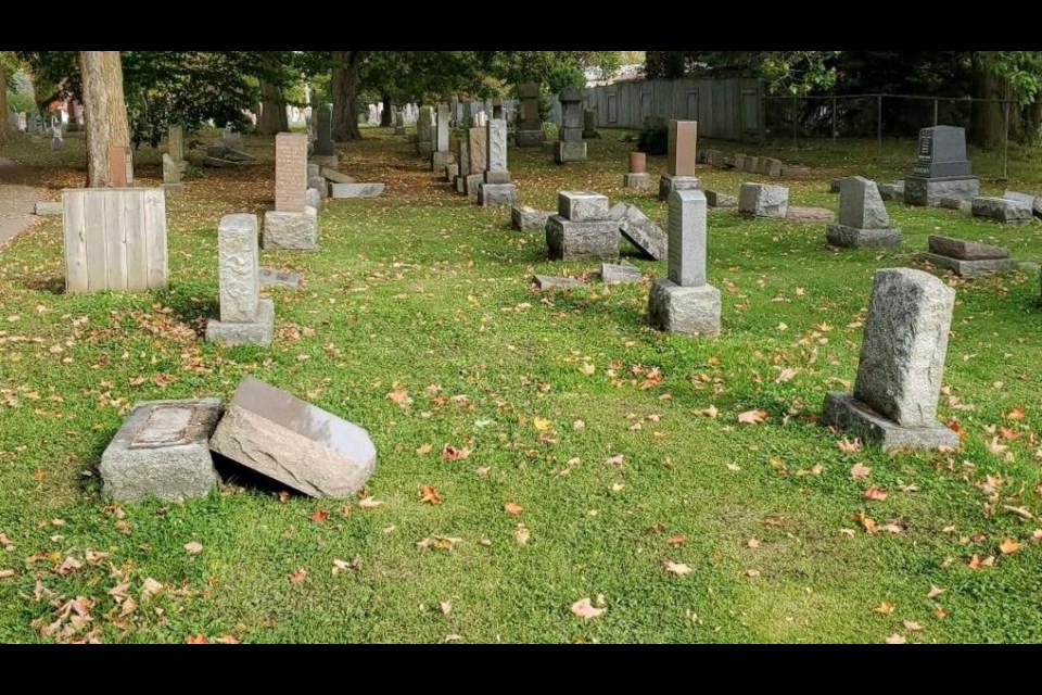 Forty-three headstones were vandalized recently at St. Andrew's-St. James' Cemetery in Orillia. Facebook photo