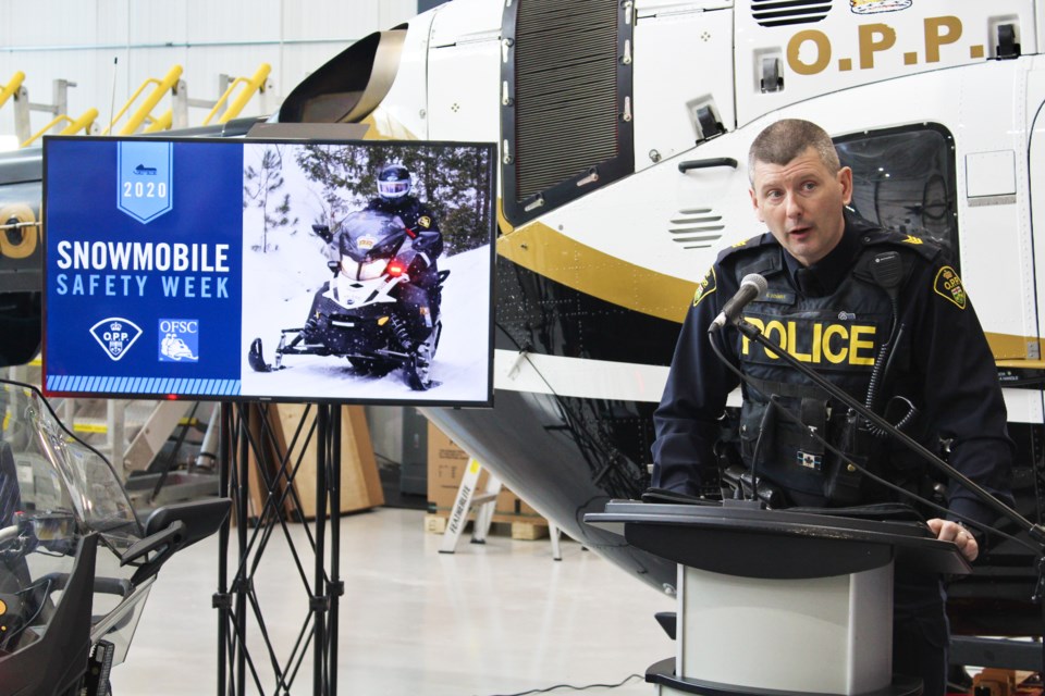 Sgt. Kerry Schmidt speaks Wednesday at OPP General Headquarters in Orillia during an event to mark Snowmobile Safety Week. Nathan Taylor/OrilliaMatters
