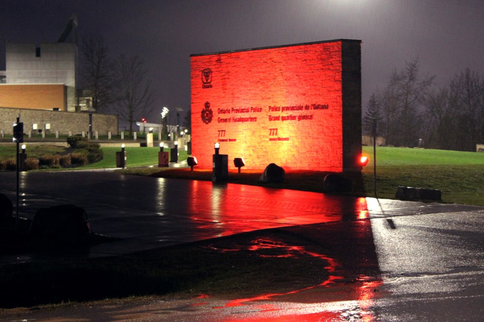 OPP General Headquarters in Orillia will be lit up in red Thursday evening to mark Red Dress Day.
