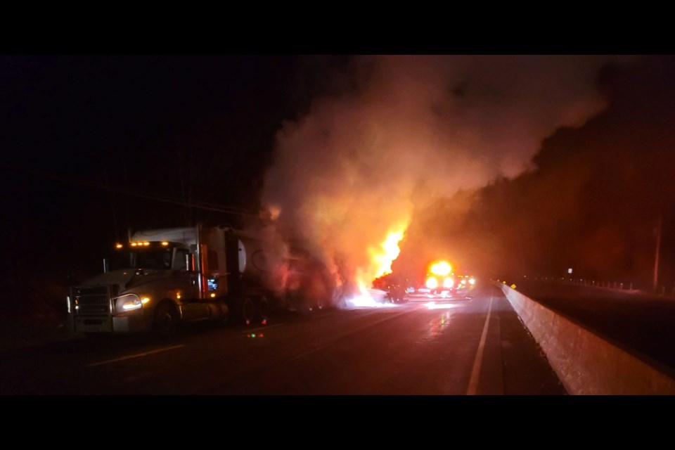 A tractor-trailer fire early this morning on Highway 11 north near Sparrow Lake Route D forced the closure of both sides of the highway, causing traffic backups on both sides.