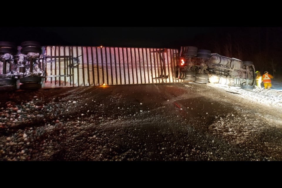 The scene of a tractor trailer rollover on Highway 400 that occurred on Thursday, Feb. 10, 2022