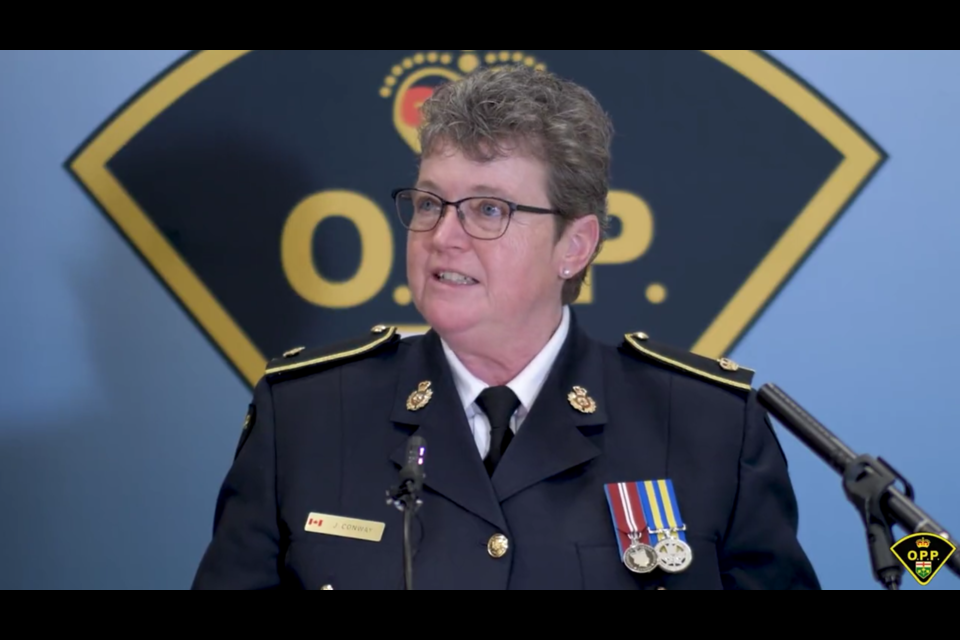 Det.-Insp. Jane Conway, a major case manager with the OPP Criminal Investigation Branch, speaks at a media conference Friday at the Orillia OPP detachment. Police have arrested a 59-year-old Orillia man in the months-long human trafficking investigation.