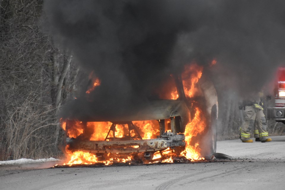 Oro-Medonte fire crews doused a pickup truck that burst into flames on Line 1 South, near Highway 11 Sunday afternoon.