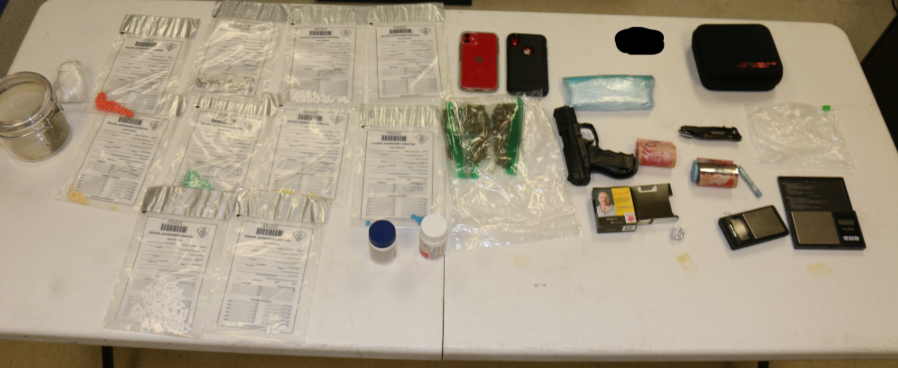 A quantity of drugs and a replica gun were seized by Orillia OPP during a traffic stop earlier today. OPP Photo
