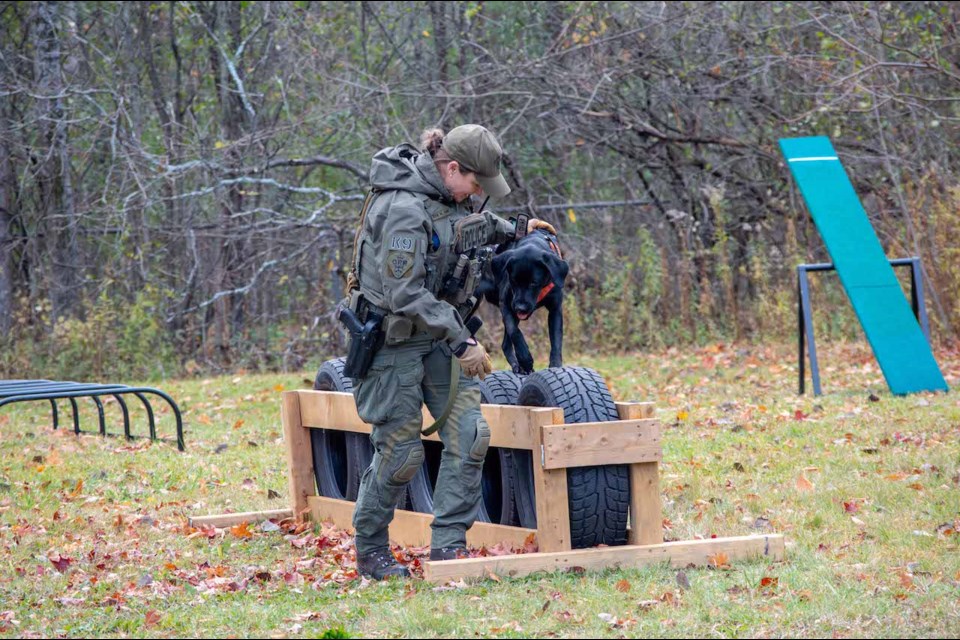 The OPP's Canine Unit put on a demonstration for Mnjikaning Kendaaswin Elementary School students Tuesday at OPP General Headquarters in Orillia.