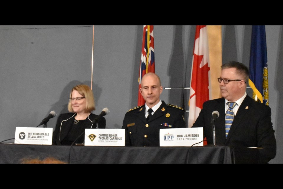 Ontario Solicitor General Sylvia Jones joined OPP Commissioner Thomas Carrique and OPPA President Rob Jamieson at a media conference Monday to announce findings from an independent review of the OPP's workplace culture. Dave Dawson/OrilliaMatters