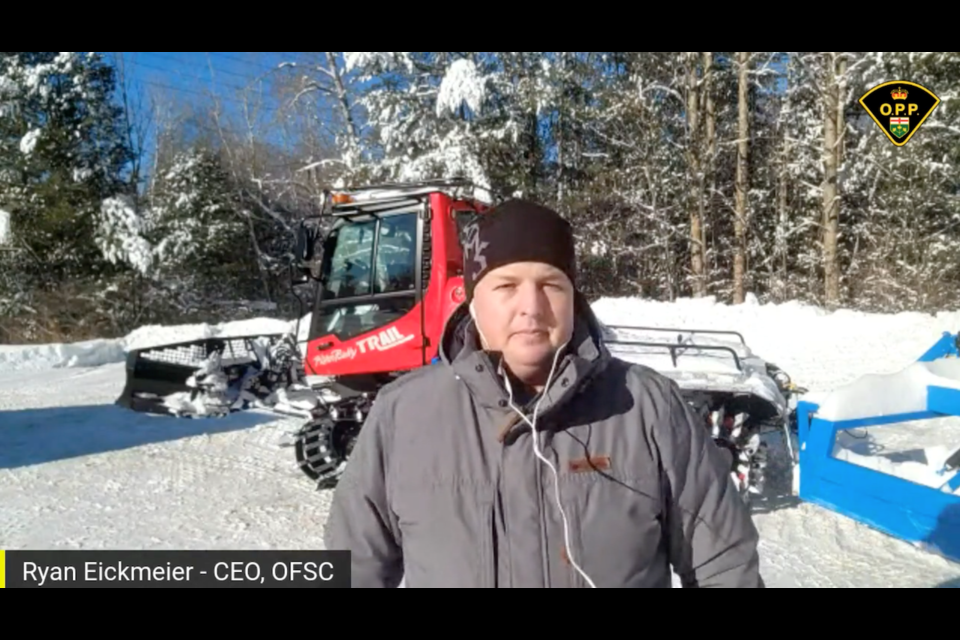 Ontario Federation of Snowmobile Clubs CEO Ryan Eickmeier talked about trial responsibilities during 
the OPP's Snowmobile Safety Week event on Tuesday morning.