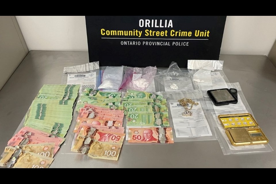 Police sized 31 grams of cocaine, 35 oxycodone pills, one gram of ecstasy, two digital scales, two cellphones, a gold chain and broach valued at $30,000 and more than $4,380 following a drug bust in Orillia on Thursday.