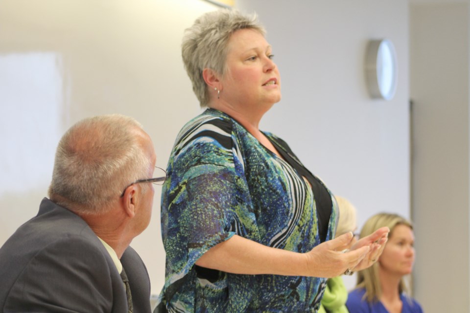 Ontario NDP hopeful Elizabeth Van Houtte gives her opening statement during Tuesday's Simcoe North candidates meeting at Lakehead University in Orillia. Nathan Taylor/OrilliaMatters