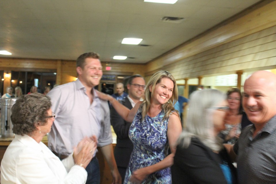 Jill Dunlop arrives to a room full of supporters Thursday night at Bonaire Golf and Country Club in Coldwater after being elected Simcoe North MPP. Nathan Taylor/OrilliaMatters