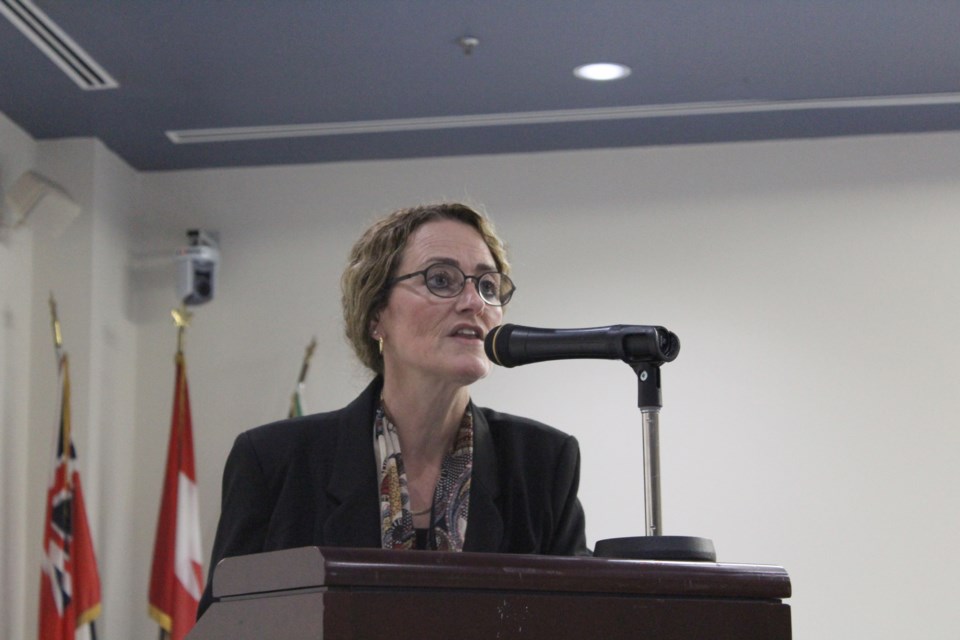 Jodi Lloyd, incumbent trustee for the Orillia area with the Simcoe County District School Board, provides an opening statement Wednesday during a candidates meeting at the Orillia City Centre. Nathan Taylor/OrilliaMatters