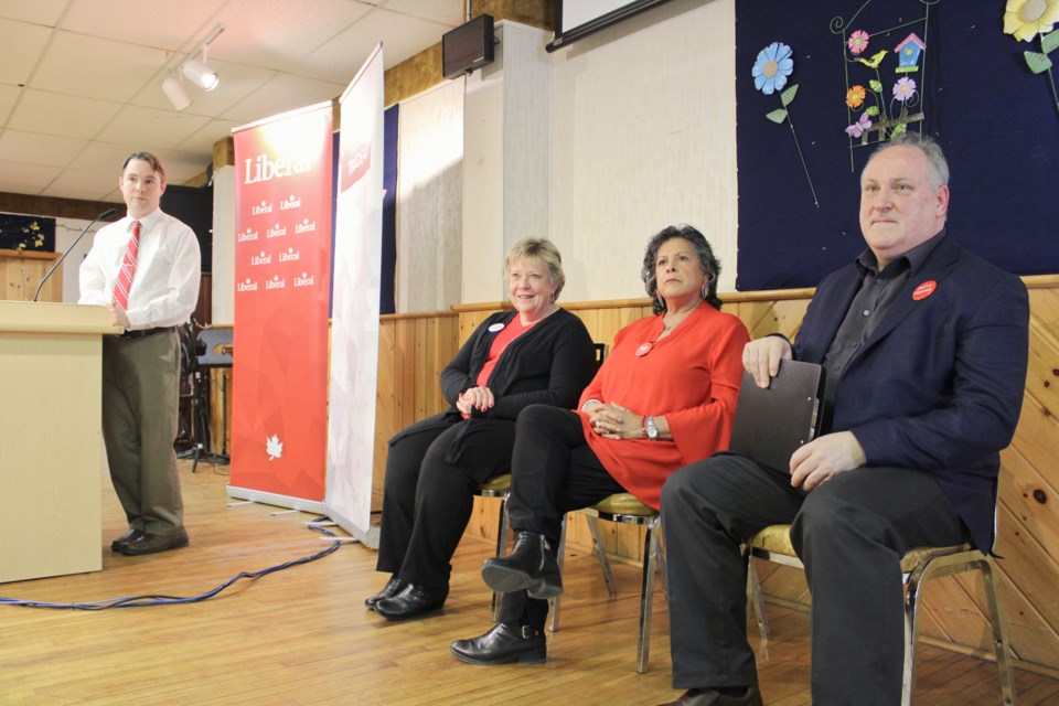 Those in the running to represent the Simcoe North Liberals in this year's federal election gathered Monday at St. Paul's Centre in Orillia for a meet-the-candidates event. From left are Ryan Barber, vice-chair of the Simcoe North Federal Liberal Association, and candidate hopefuls Sandy Cornell, Cynthia Wesley-Esquimaux and Gerry Hawes. Nathan Taylor/OrilliaMatters