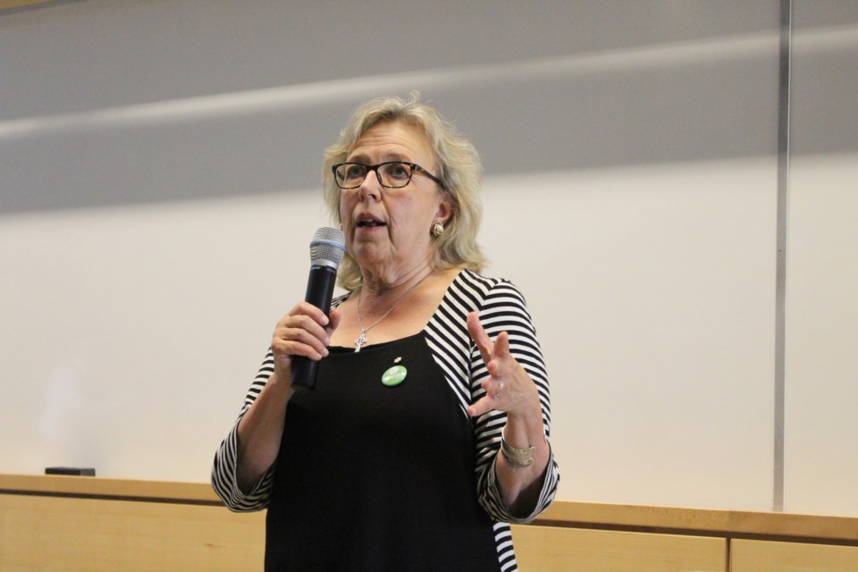 Federal Green Party Leader Elizabeth May speaks Wednesday at Lakehead University in Orillia. Nathan Taylor/OrilliaMatters