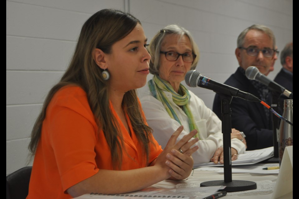 NDP hopeful Angelique Belcourt makes a point during Wednesday’s all-candidates debate in Midland while Green Party candidate Valerie Powell and incumbent Bruce Stanton look on. Andrew Philips/OrilliaMatters
