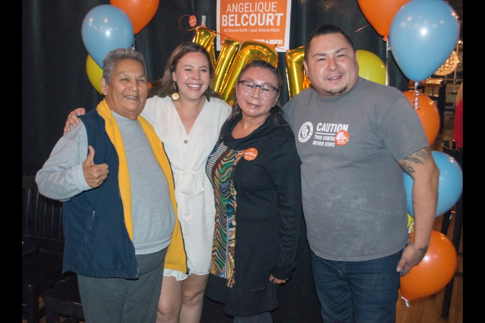 Simcoe North NDP candidate Angelique Belcourt has been joined by friends and supporters at a pub in Midland tonight as they anxiously await results. From left: Deanne Moreau, Belcourt, Cynthia King and Wes King. Tyler Evans/OrilliaMatters