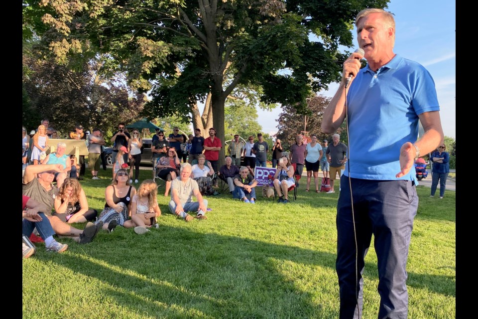 People's Party of Canada Leader Maxime Bernier speaks Wednesday during a rally at Couchiching Beach Park in Orillia.