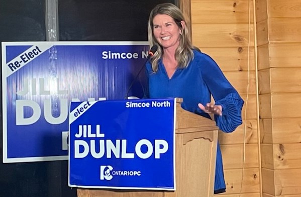 Jill Dunlop is all smiles while addressing supporters Thursday night at Bonaire Golf in Coldwater. She won re-election, earning a landslide win in her second election.