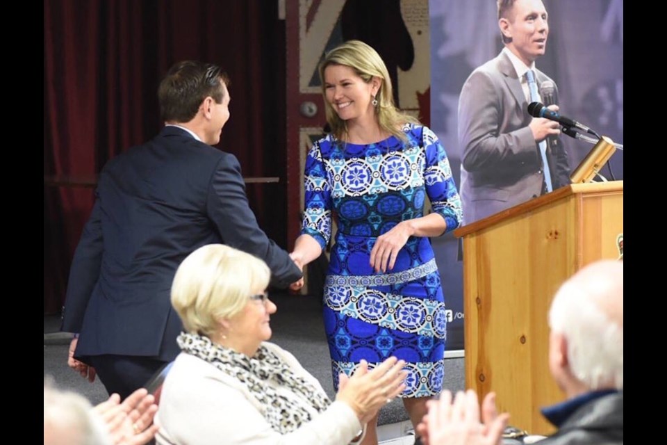 Simcoe North PC candidate Jill Dunlop shakes hands with Patrick Brown who, at the time, was the leader of the party.