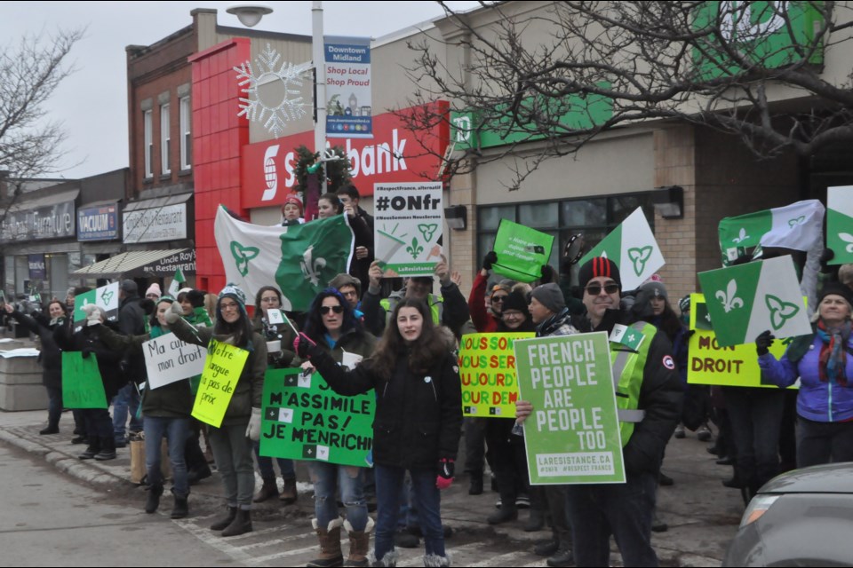Close to 200 area residents were in front of Simcoe North MPP Jill Dunlop’s Midland office Saturday to protest moves made recently by Premier Doug Ford’s government that some view as anti-francophone. Andrew Philips/OrilliaMatters