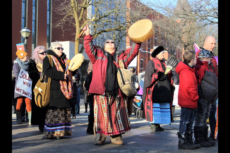 Dozens of people attended a rally Saturday in downtown Orillia to show solidarity with Wet’suwet’en First Nation. Nathan Taylor/OrilliaMatters