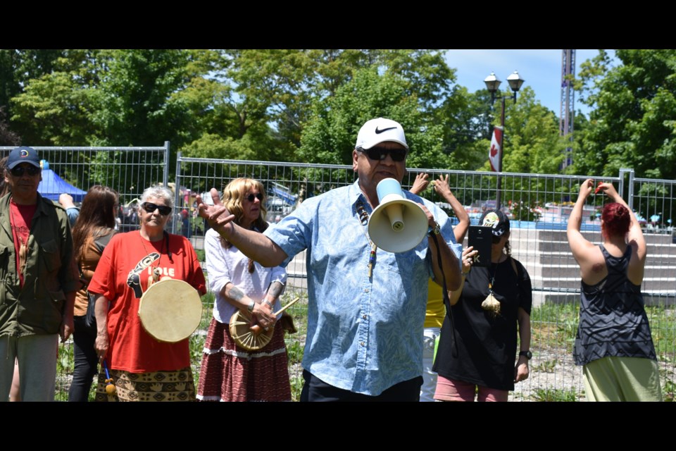 Emerson Nanigishkang provided a brief history lesson for those who attended the Canada Day protest regarding the future of the Champlain Monument. Dave Dawson/OrilliaMatters