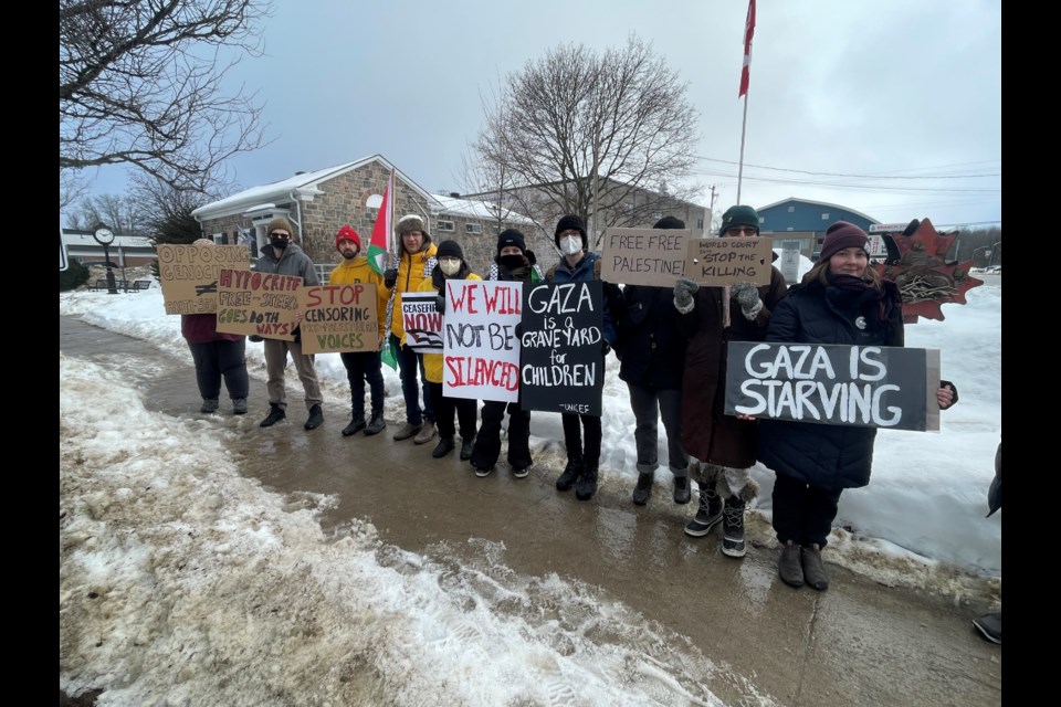 About 20 people from Simcoe County 4 Palestine gathered in front of the Royal Canadian Legion in Coldwater on Saturday to protest Simcoe North MPP Jill Dunlop publicly shaming and naming members of student unions and other groups who she felt were supporting Hamas.