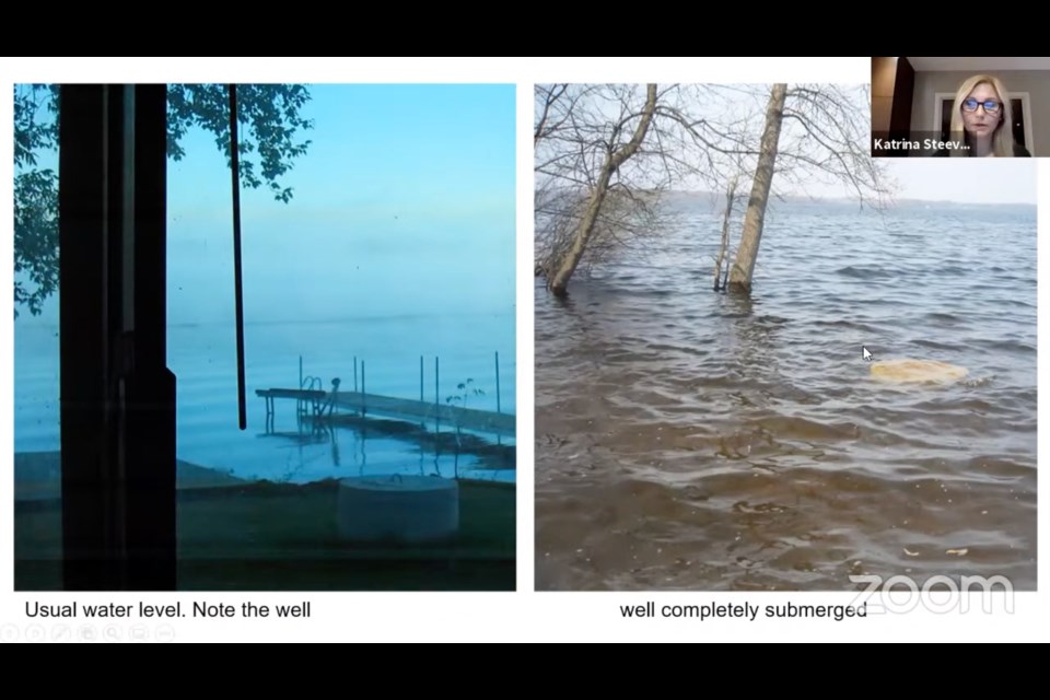 Katrina Steeves shows before-and-after photos of flooding on her property — an issue she worries will get worse after the removal of trees in a nearby wetland.