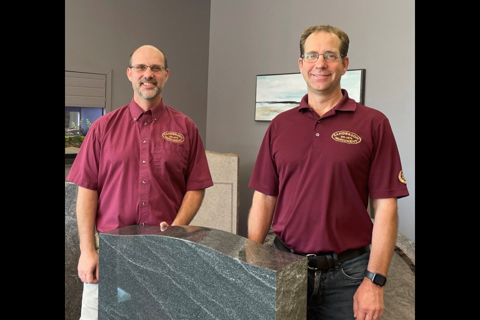 Brothers Scott Sanderson, left, and Neil Sanderson are two of the four siblings now taking responsibility for managing Sanderson Monument, a family business that was started 150 years ago.