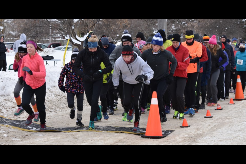 And, they’re off! About 160 runners start the last race of the four-even Orillia Snowflake Series Sunday morning. The event also serves as a fundraiser for The Sharing Place food bank. Dave Dawson/Orillia Matters