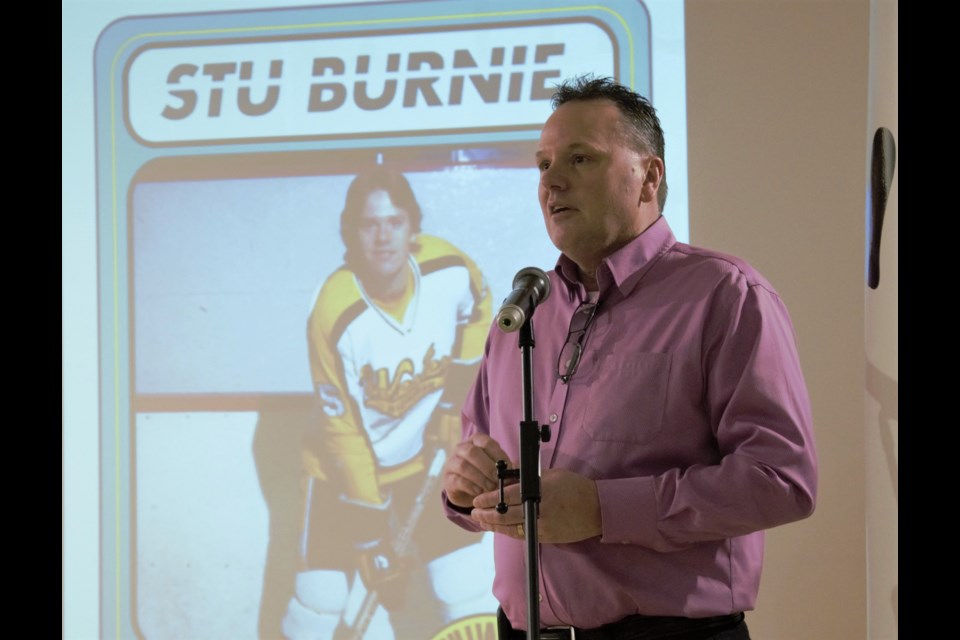 Stu Burnie speaks to a packed house at the Orillia Museum of Art and History (OMAH) after it was announced he is one of Orillia's Top 10 hockey players of all time. OMAH Photo for OrilliaMatters