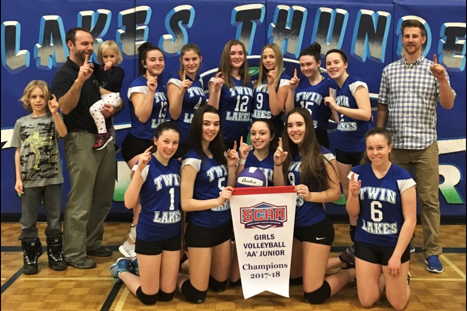 The Twin Lakes junior girls volleyball team won a Simcoe County Athletic Association title recently with a 3-1 victory over Nottawasaga Pines. In the back row, from left: Andrew Kerr, Logan Ross, Emily Laver-Shareski, Tilly Farrell, Grace Gordon, Kenzie Raybold, Fionna Launchbury and James Kirkey. Front row: Lauren Murphey, Hailey Ellis, Kayla Pantone, Leann Wallbank and Ally Exel. Absent: Nikki Clark, Allisa Nicholson and Larissa Van Deursen. Supplied photo