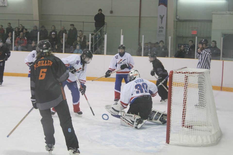 The Southern Region ringette team's goalie makes a save Thursday at Brian Orser Arena. Nathan Taylor/OrilliaMatters