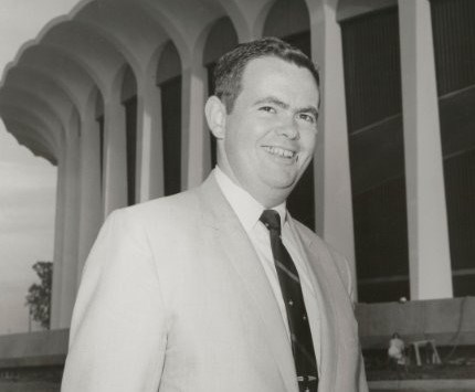 Ken 'Jiggs' McDonald is shown outside LA Coliseum. He broke into the NHL in 1967 as the play-by-play voice of the expansion LA Kings.