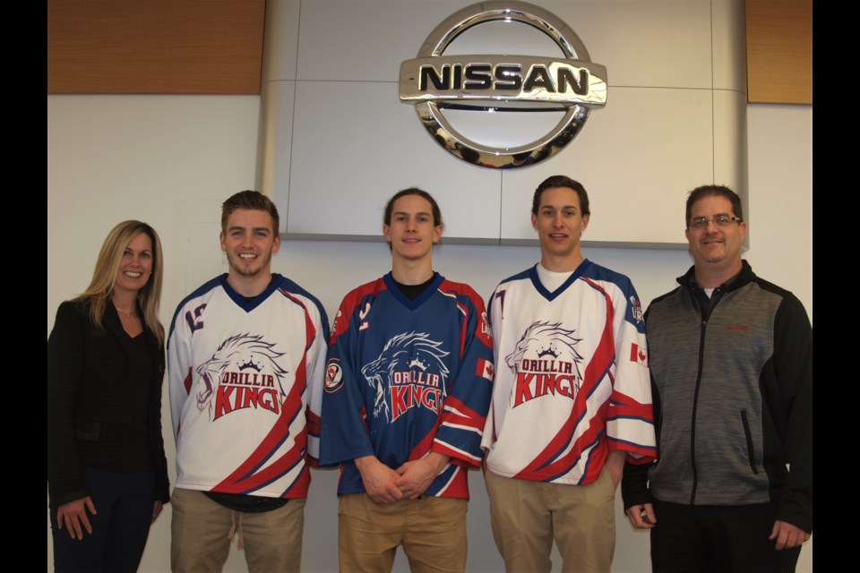 Once again this year, Experience Nissan is the title sponsor of the Orillia Kings. Above are the Commerce Road dealership's principal owners, Krista Kemp, far left, and Brent Kemp, far right, with Kings players Tyler Goodchild, Michael Montgomery and Trent Boyd. Dave Dawson/OrilliaMatters