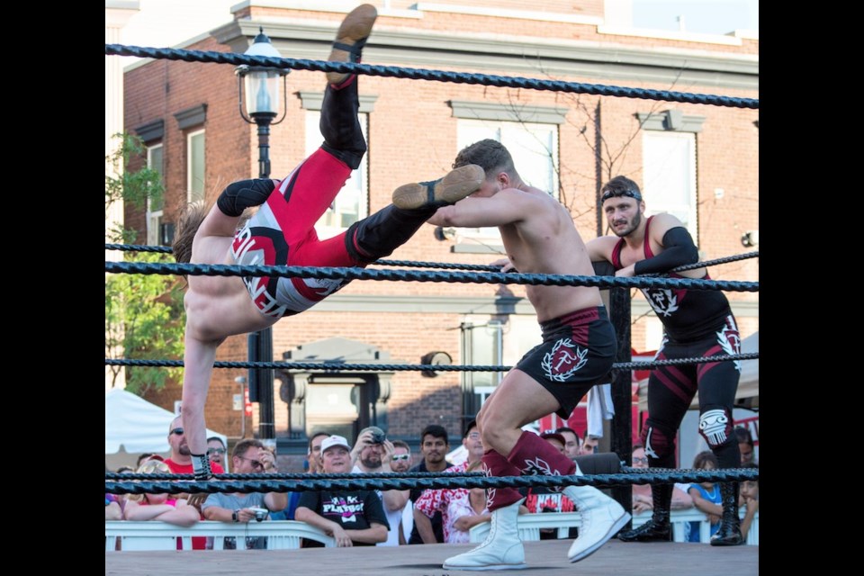 A flying dropkick was delivered by Vaughn Vertigo during a 400 North tag-team championship bout Sunday. Tyler Evans for OrilliaMatters