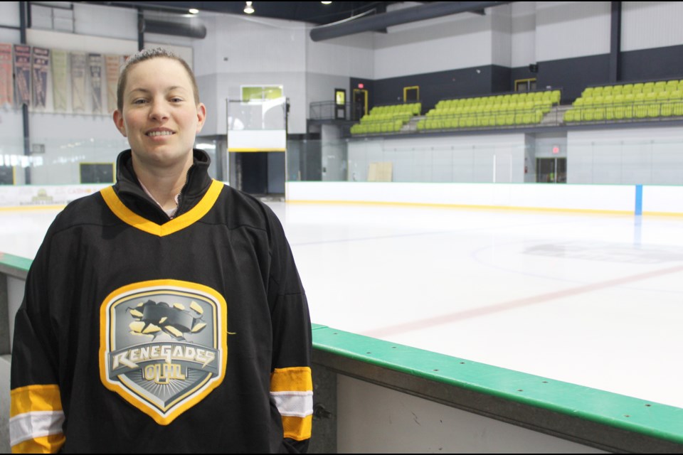 Betsy Maus, director of the Orillia Ladies Hockey League, is shown at Rotary Place, where the league holds games every Sunday. Nathan Taylor/OrilliaMatters