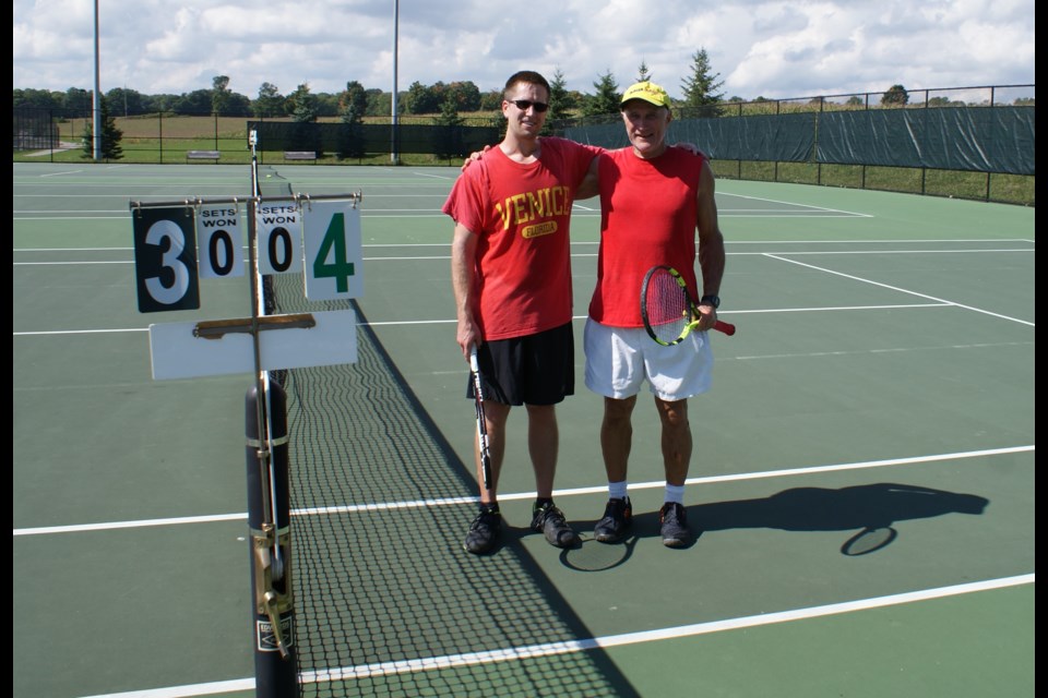 Eric Koehli, left, defeated his father, Peter Koehli in the men's singles championship as the Orillia Tennis Club wrapped up its season with championship day. Contributed photo