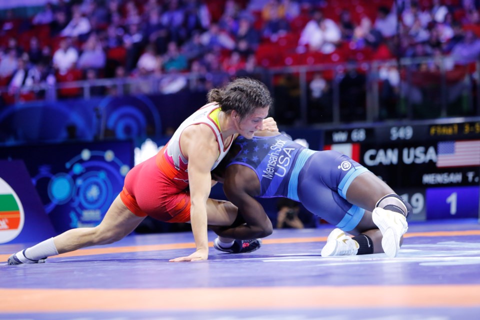 Orillia's Olivia DiBacco wrestles American rival Tamyra Mariama Mensah in the bronze-medal match at the recent World Championship in Budapest. Chris Reith/Wrestling Canada Lutte
