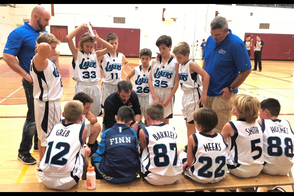 Coaches for the Orillia Lakers U12 major atom boys give the team a pep talk during one of three games they played in Markham recently. Contributed photo