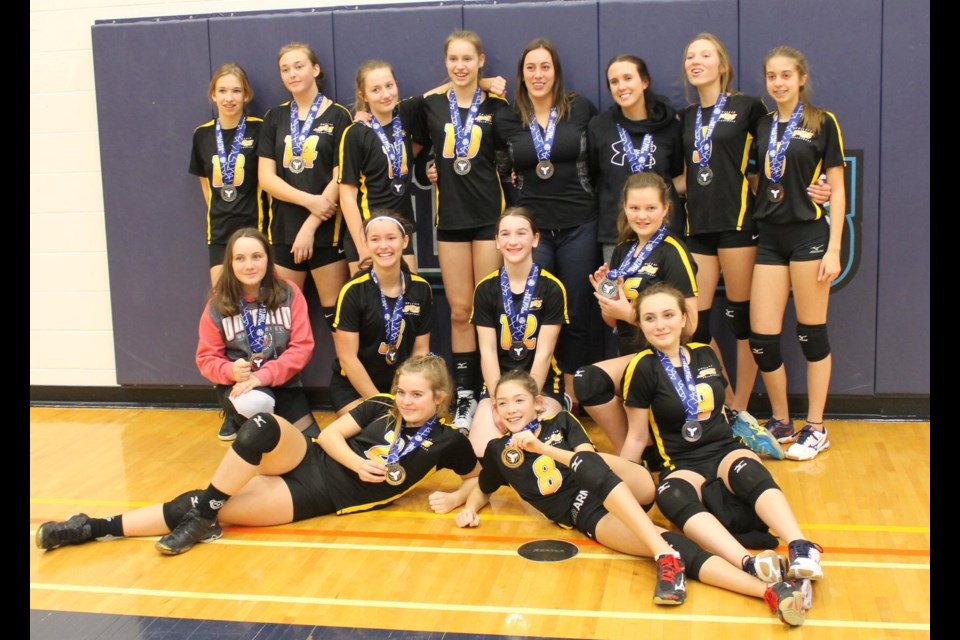 The Orillia 14U SUNS Strikers earned a silver medal at a weekend tournament in North Bay. From left to right and back to front: Alanna Lashbrook, Chloe Pallister, Jenna Rimkey, Lucy Waite, Coach Danielle Arsenault, Coach Daniella Charlebois, Caillenn Magill, Brooke McPhee, Team Manager Zoe Rizzo, Reagan Parham, Hannah North, Megan Reynolds-Bailey, Brooke Priddle, Athia Gauthier and Ariana Rizzo.
