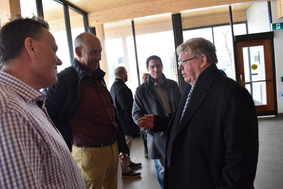 Stuart Burnie, left, Terry Bullen, centre, speak with Don Stoutt during a media conference earlier this year to announce the newest class of inductees into Orillia's Sports Hall of Fame. Dave Dawson/OrilliaMatters
