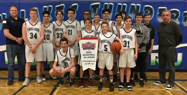 The Twin Lakes junior boys basketball team dominated Nottawasaga Pines Thursday to win the Simcoe County hoops title. Contributed photo