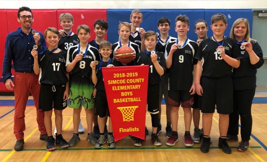 Notre Dame Catholic Secondary Elementary School made it to the finals of the Simcoe County championship this week. From left, Coach JJ Healy, Lukas Hagman, Ben Osburn, Carter Balkwill, Alex May, Cohen Robitaille, Parker Bucking, 
Matthew Klingspohn, Ethan Loader, Johnny D’Agnillo, Dylan Pitman, Jared McIntyre, Logan Latour and Sandra Heitzner.
